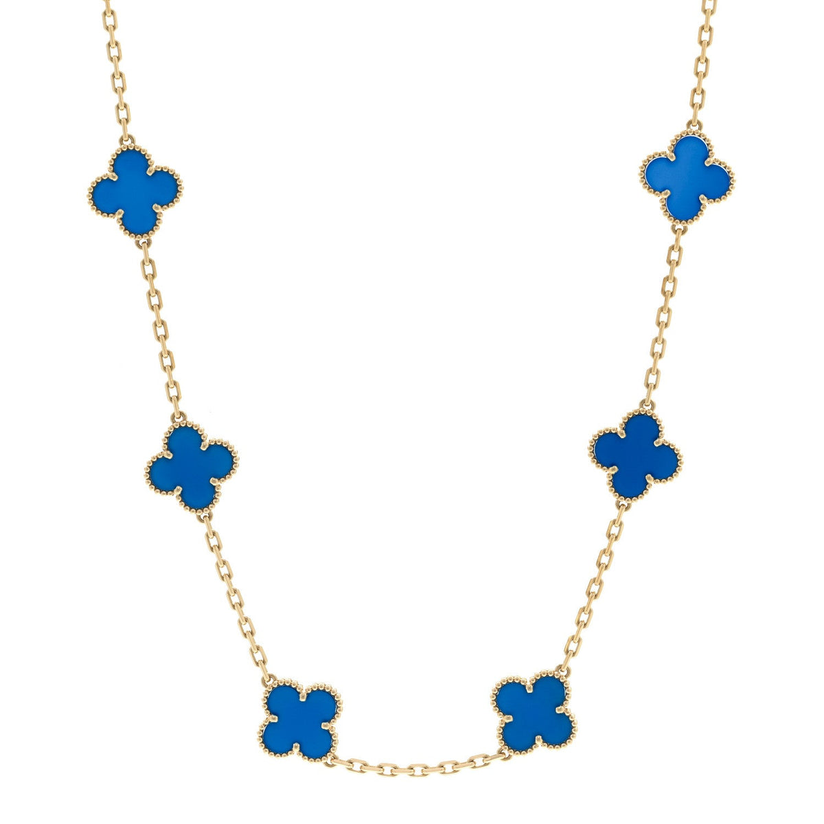 18K Yellow Gold Blue Agate 10 Motifs Vintage Alhambra Necklace