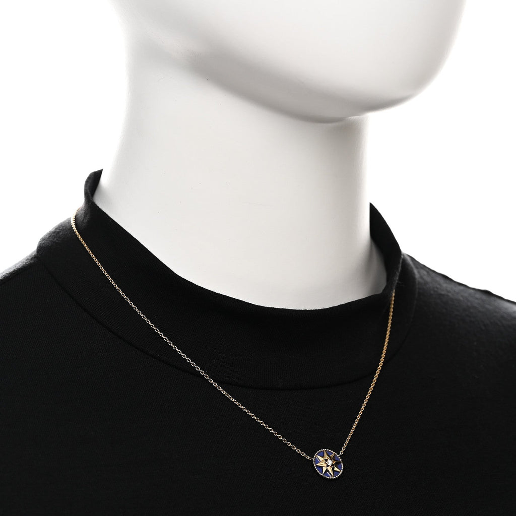 18K Yellow Gold Diamond Lapis Lazuli Rose Des Vents Necklace