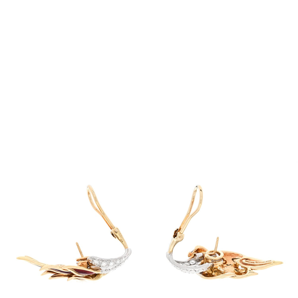 18K Yellow Gold Platinum Enamel Diamond Schlumberger Flame Earrings Red