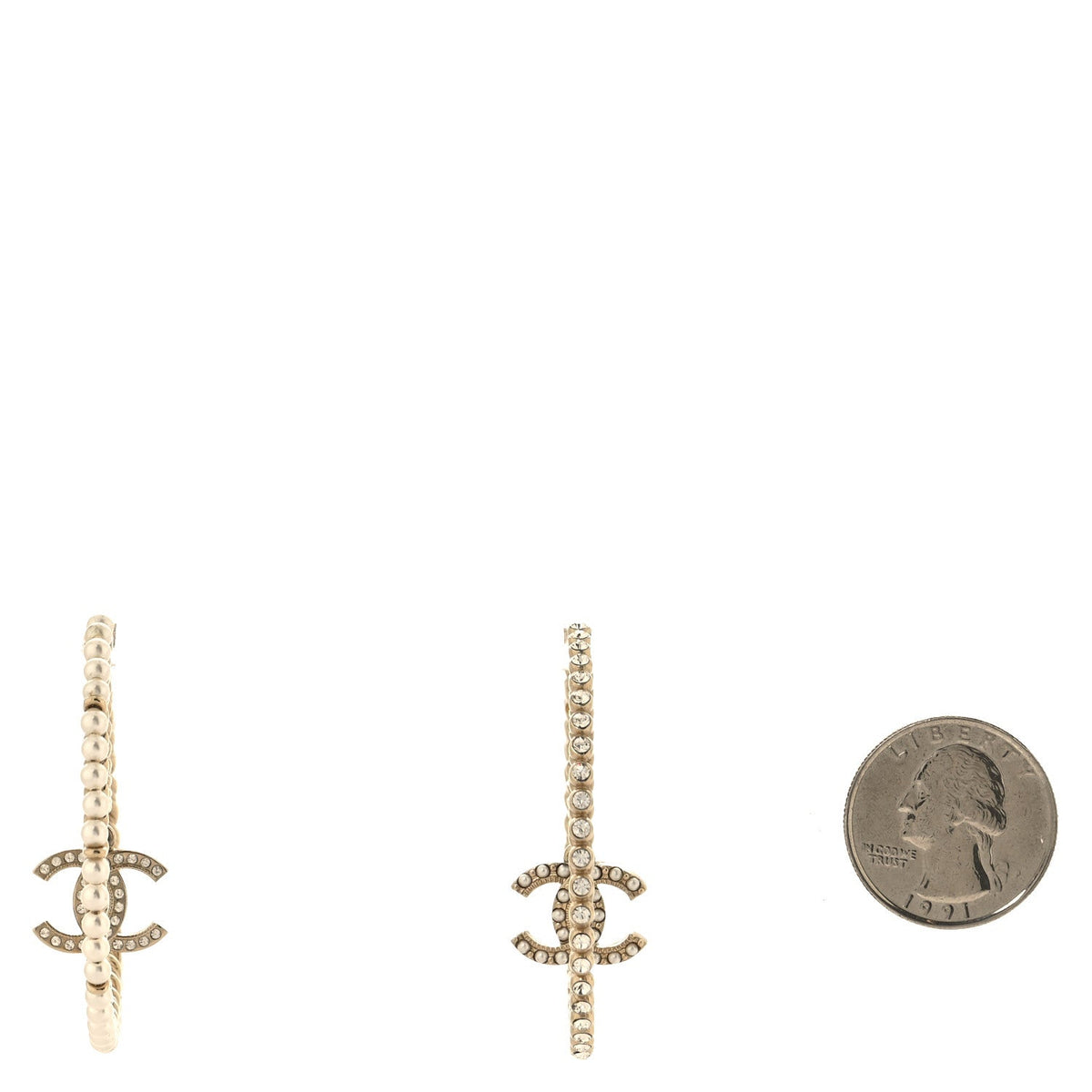 Crystal Pearl CC Drop Hoop Earrings Gold Pearly White
