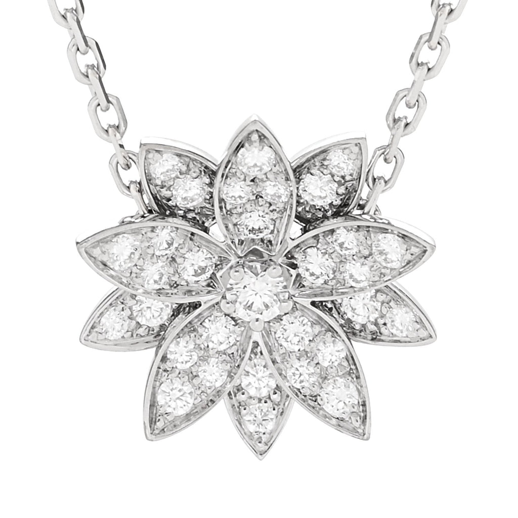 18K White Gold Diamond Small Lotus Pendant Necklace