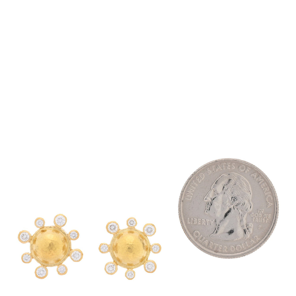 18K Yellow Gold Diamond Hammered Dome Stud Earrings