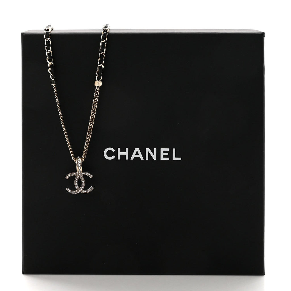 Lambskin Crystal CC Chain Pendant Necklace Black Gold