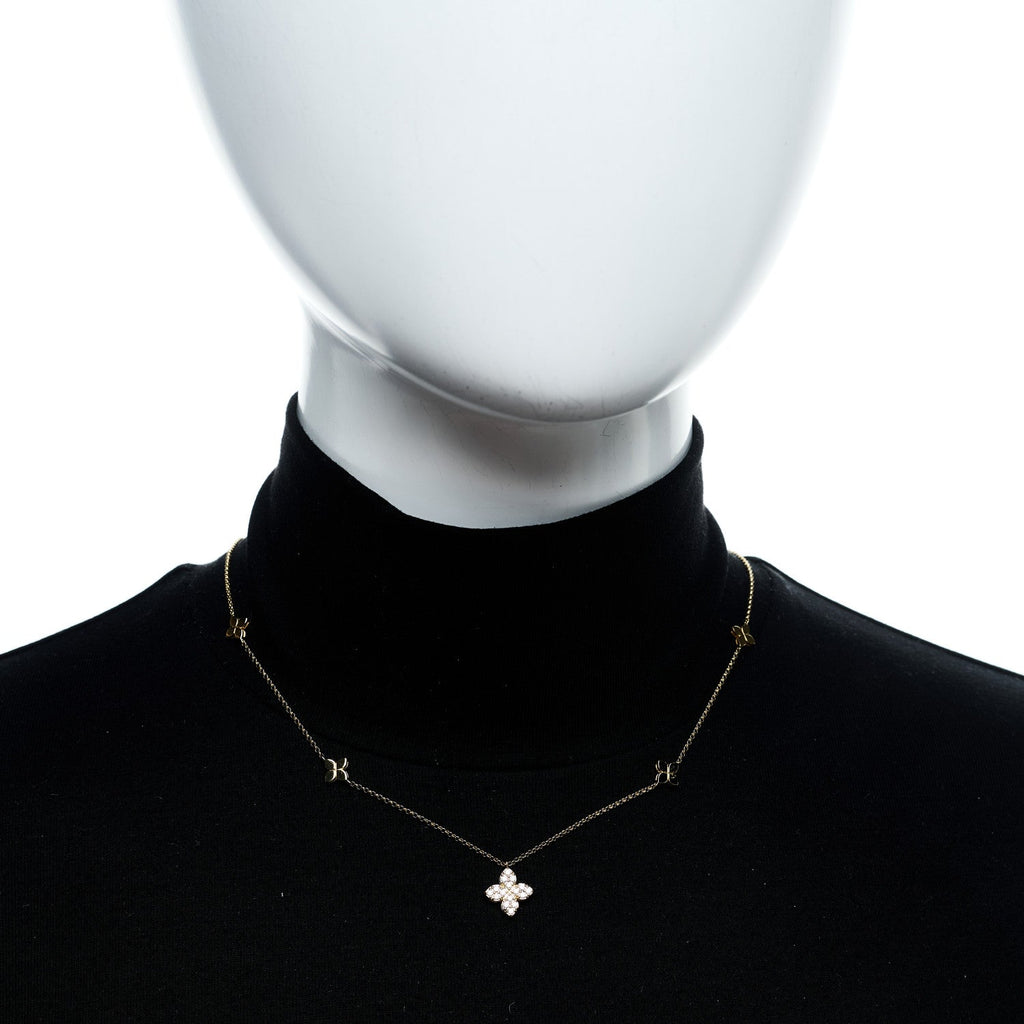 18K Yellow Gold Diamond Princess Flower Charm Station Necklace