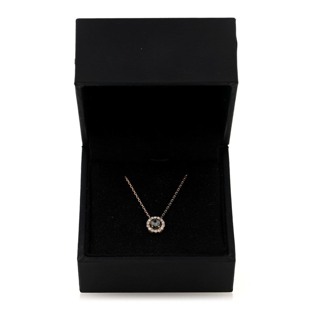 14K Yellow Gold Diamond Black Night Quartz Halo Pendant Necklace