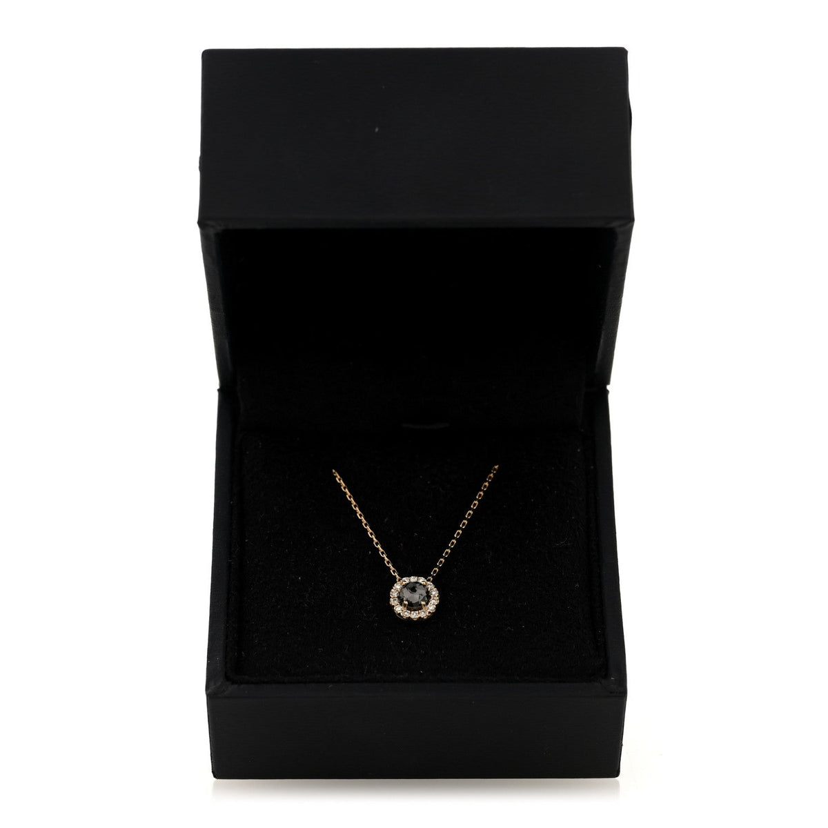 14K Yellow Gold Diamond Black Night Quartz Halo Pendant Necklace