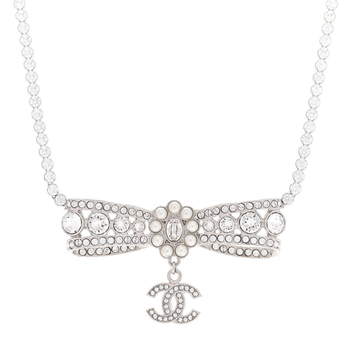Crystal Pearl CC Bow Drop Necklace Silver