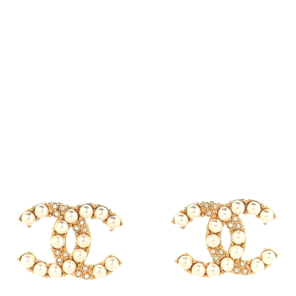 Metal Crystal Pearl CC Earrings Gold