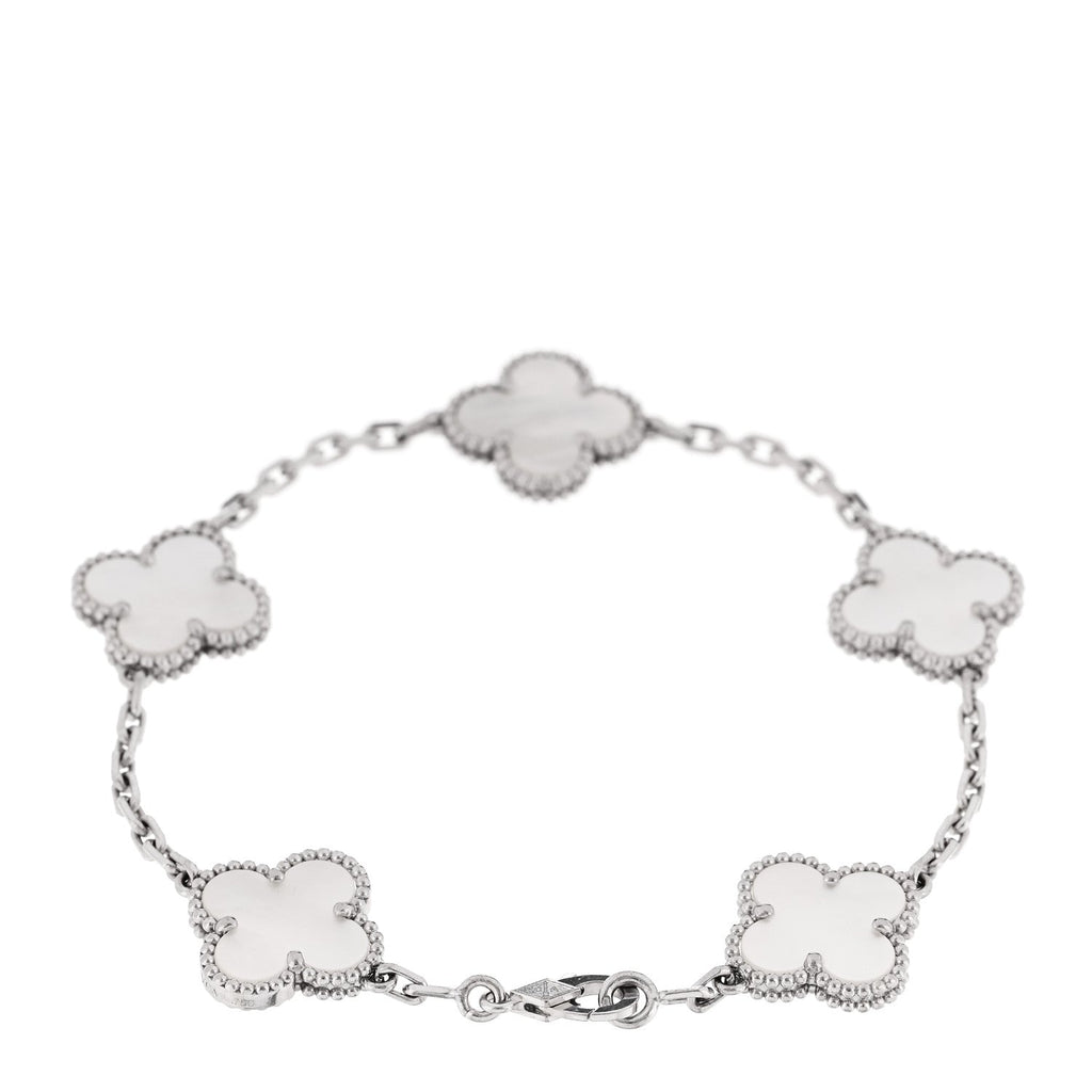 18K White Gold Mother of Pearl 5 Motifs Vintage Alhambra Bracelet