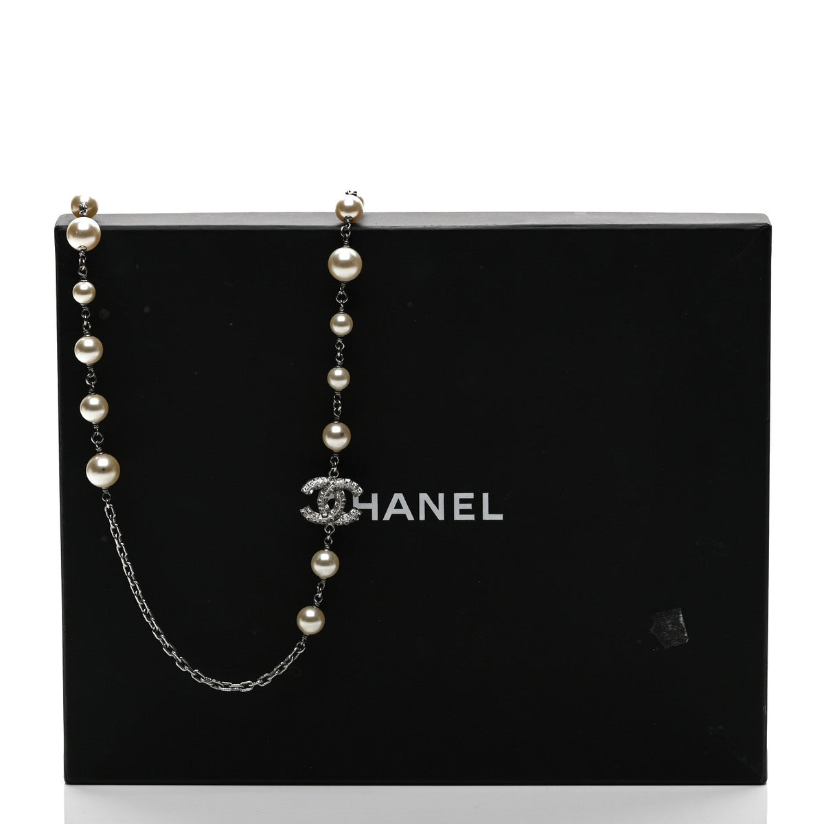 Graduated Pearl Crystal CC Long Necklace Silver