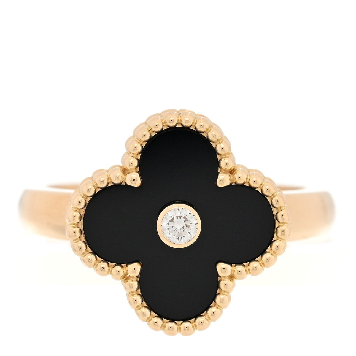 18K Yellow Gold Black Onyx Diamond Vintage Alhambra Ring 56 7.5