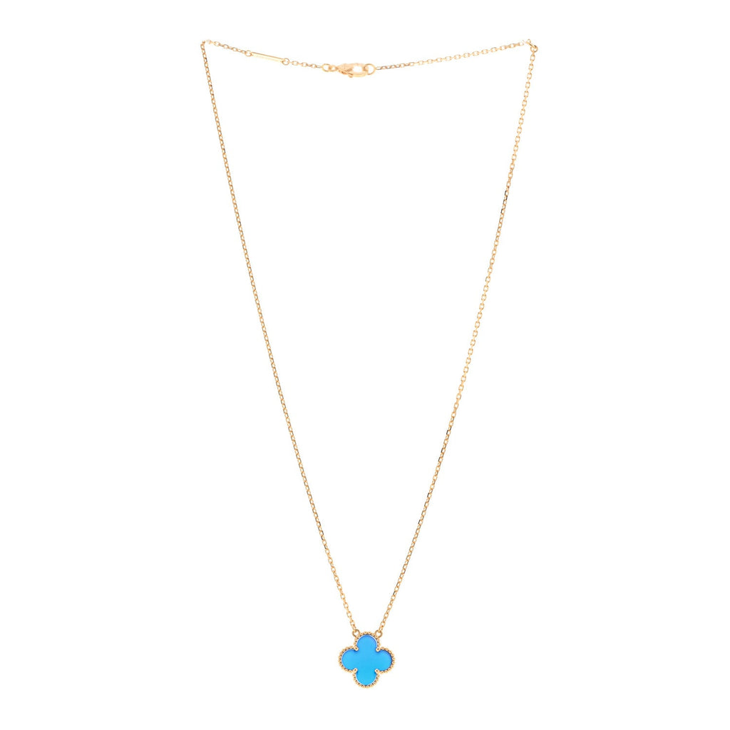18K Yellow Gold Blue Agate Vintage Alhambra Pendant Necklace