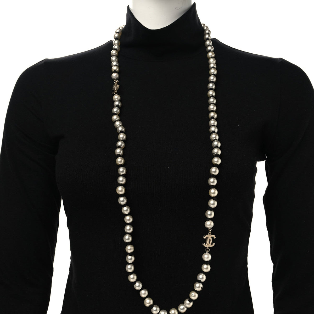 Pearl Grosgrain CC Long Necklace Gold
