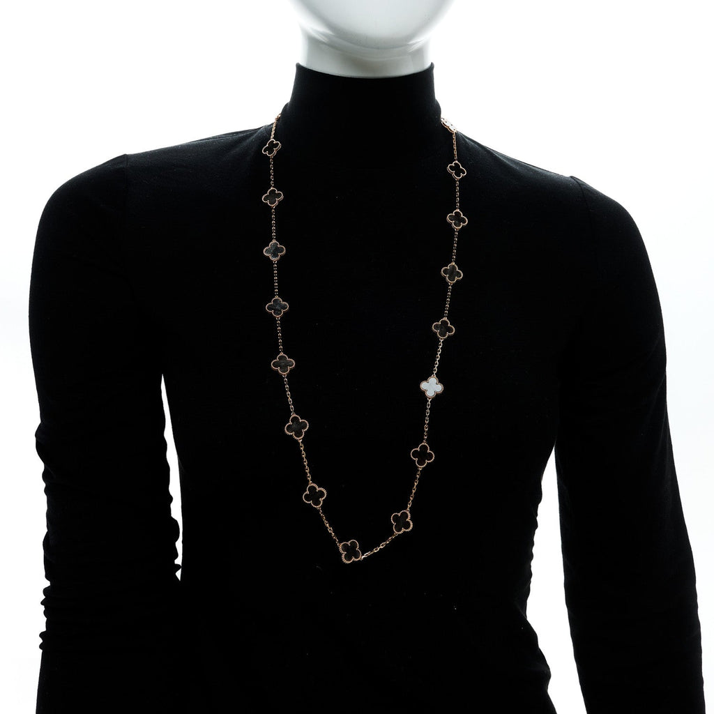 18K Rose Gold Silver Obsidian 20 Motifs Vintage Alhambra Necklace