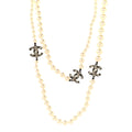 Graduated Pearl Crystal CC Long Necklace Gold Black