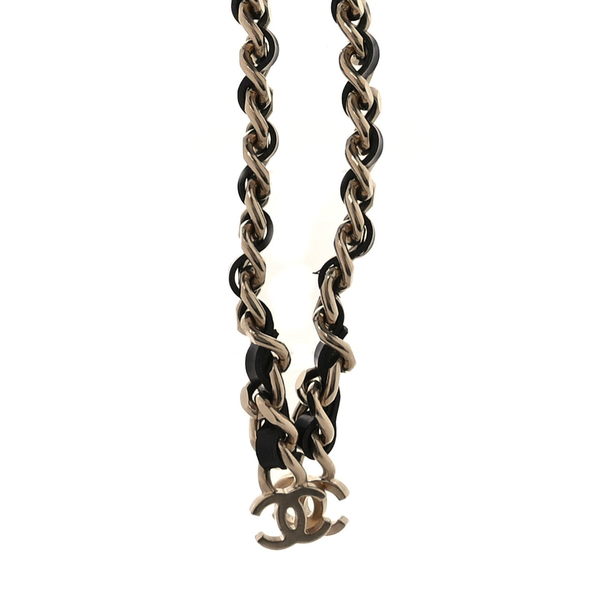 Metal Lambskin CC Lariat Necklace Black Gold