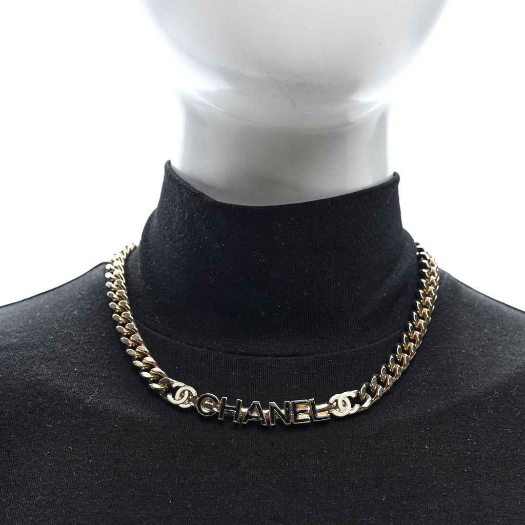 Enamel Metal Logo Choker Necklace Gold Black White