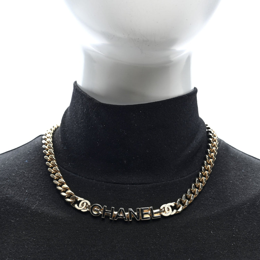 Enamel Metal Logo Choker Necklace Gold Black White