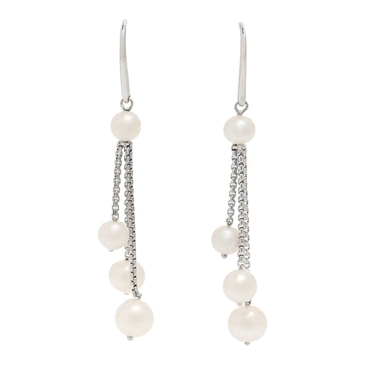 Sterling Silver 18K White Gold Cultured Pearl Box Chain Drop Earrings