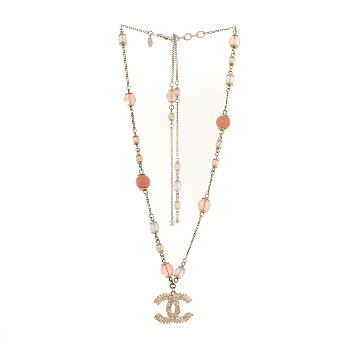 Beaded Pearl Crystal CC Long Necklace Gold Coral