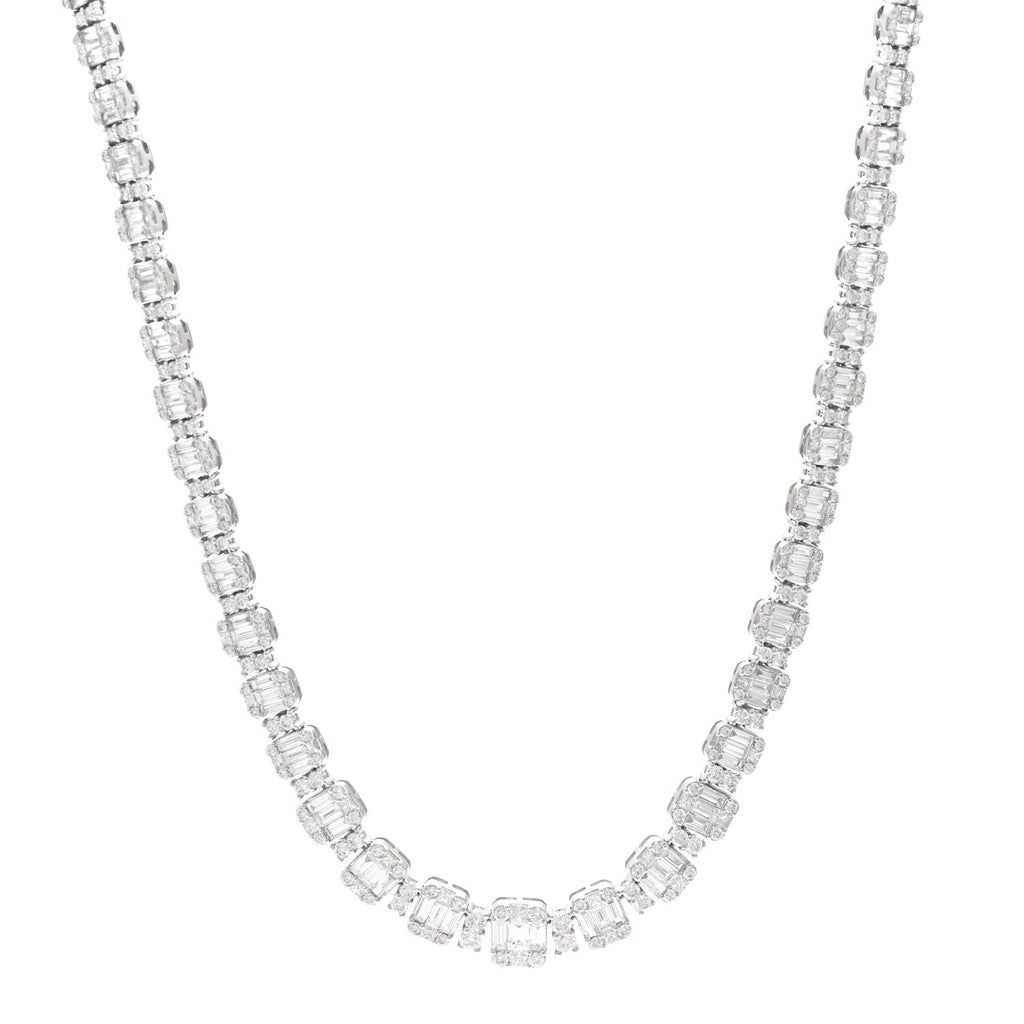 18K White Gold Diamond 13.56ctw Baguette Round Cut Graduated Necklace