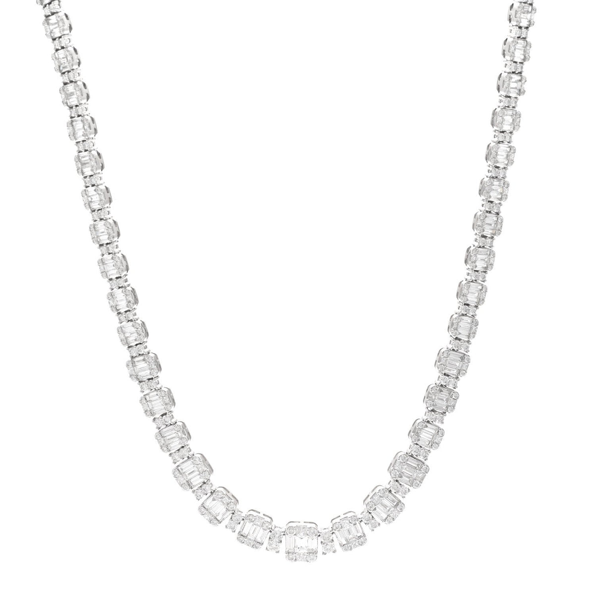 18K White Gold Diamond 13.56ctw Baguette Round Cut Graduated Necklace