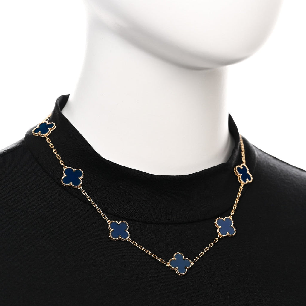 18K Yellow Gold Blue Agate 10 Motifs Vintage Alhambra Necklace