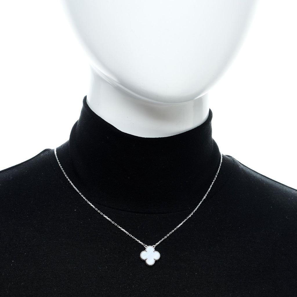 18k White Gold Chalcedony Vintage Alhambra Pendant Necklace