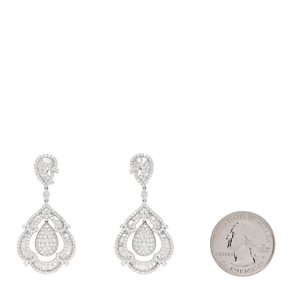 18K White Gold Diamond 10.19ctw Ornate Baguette Round Cut Drop Earrings
