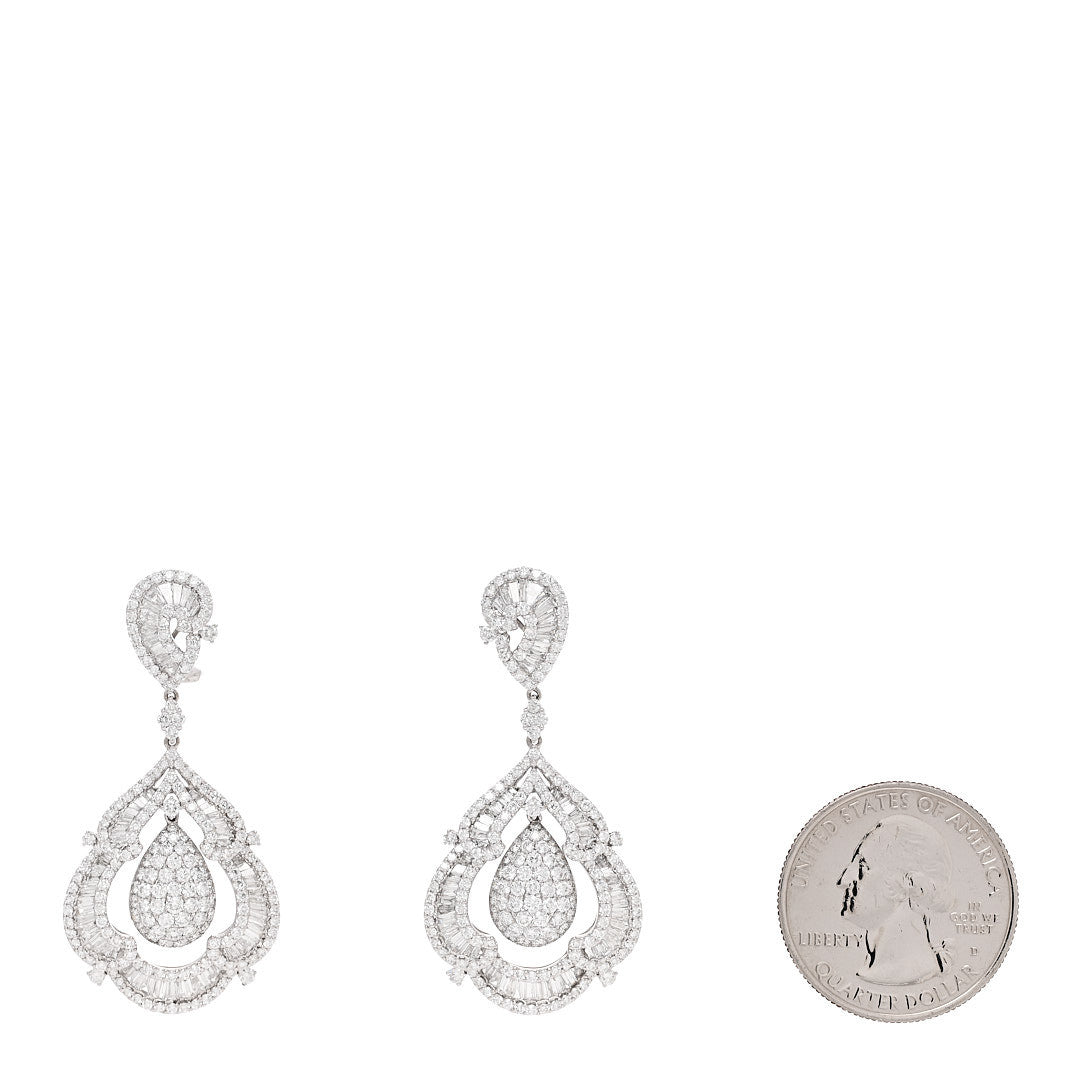 18K White Gold Diamond 10.19ctw Ornate Baguette Round Cut Drop Earrings