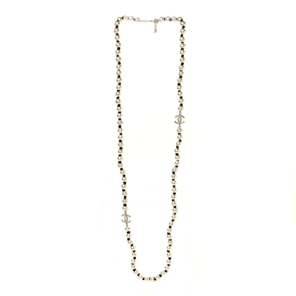 Pearl Grosgrain CC Long Necklace Gold