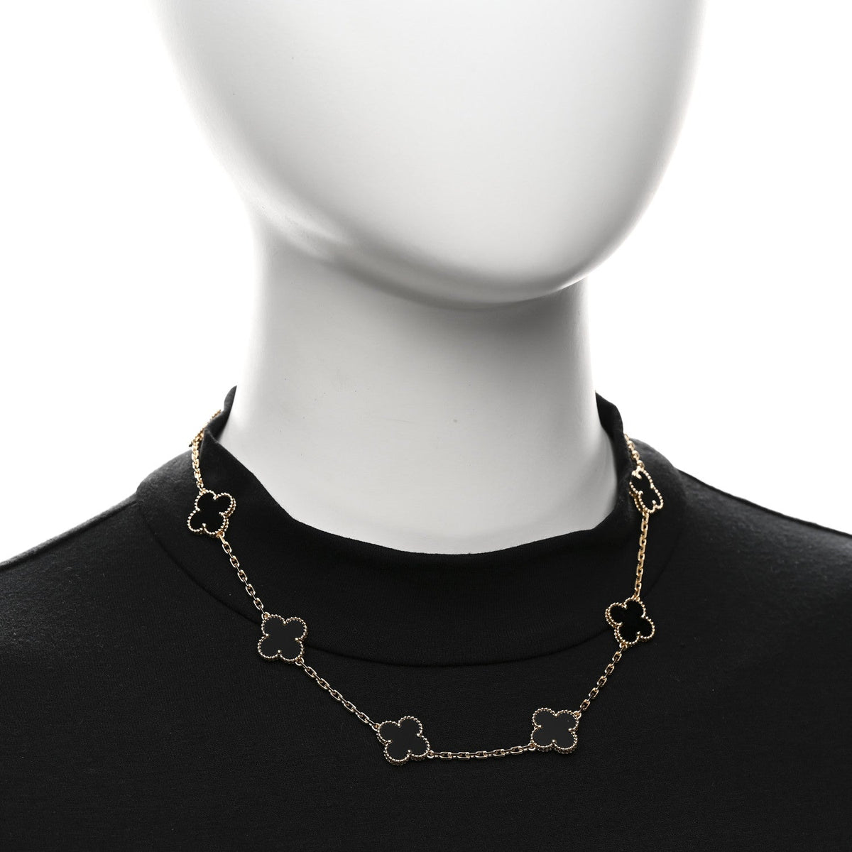 18K Yellow Gold Black Onyx 10 Motifs Vintage Alhambra Necklace
