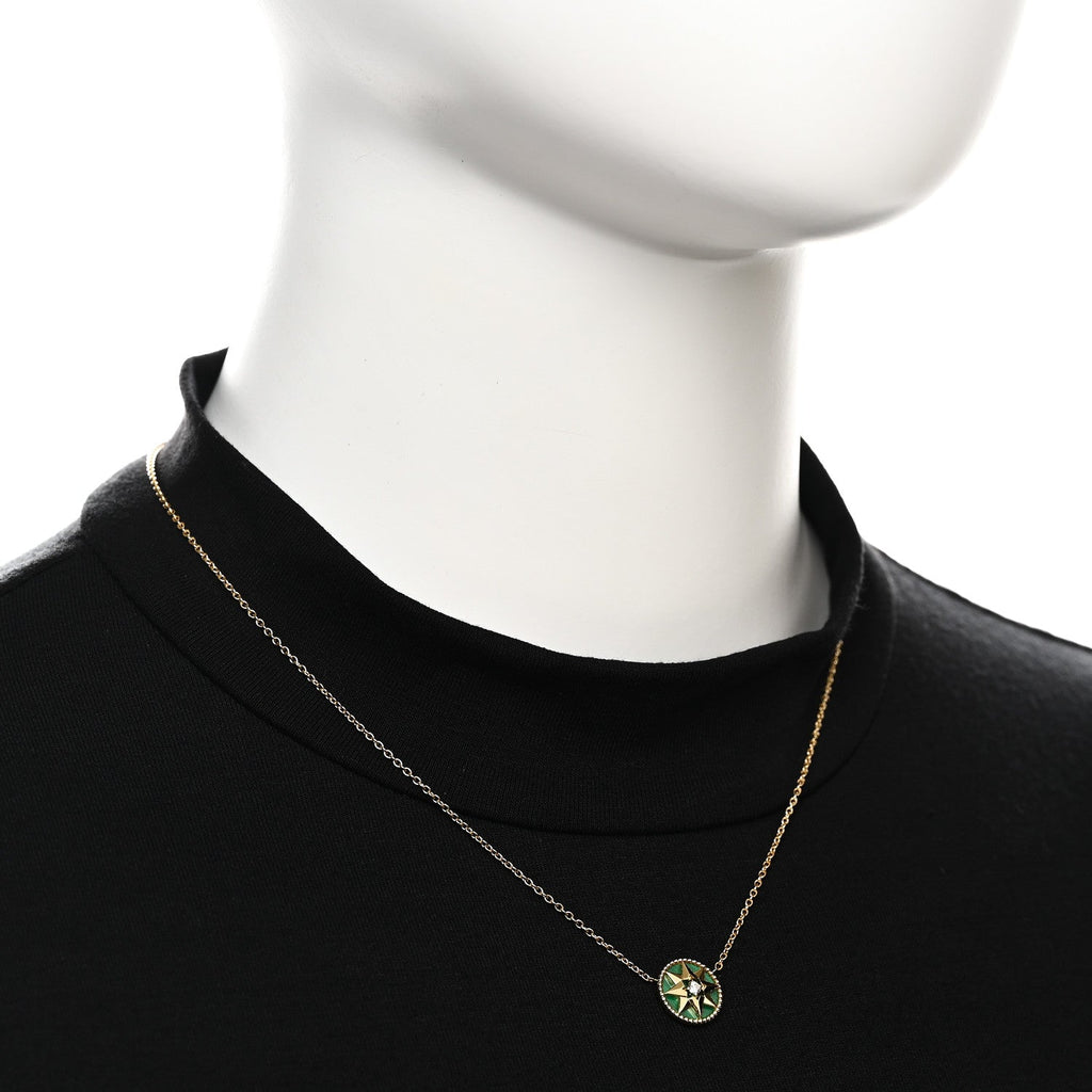 18K Yellow Gold Diamond Malachite Rose Des Vents Necklace