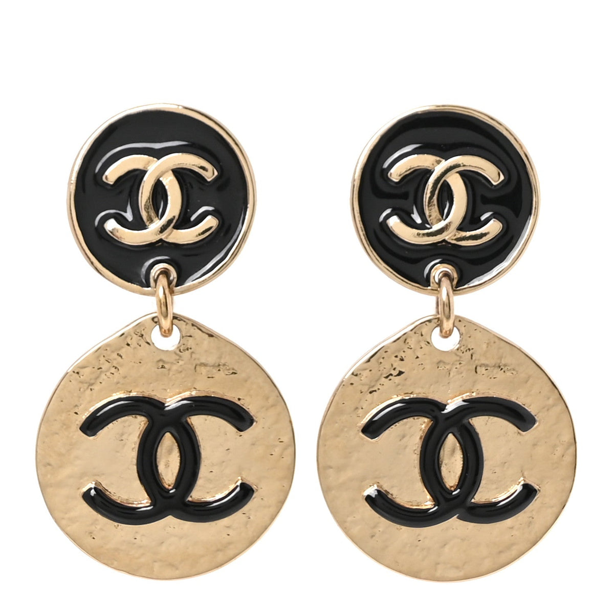 Enamel CC Disc Drop Earrings Gold Black