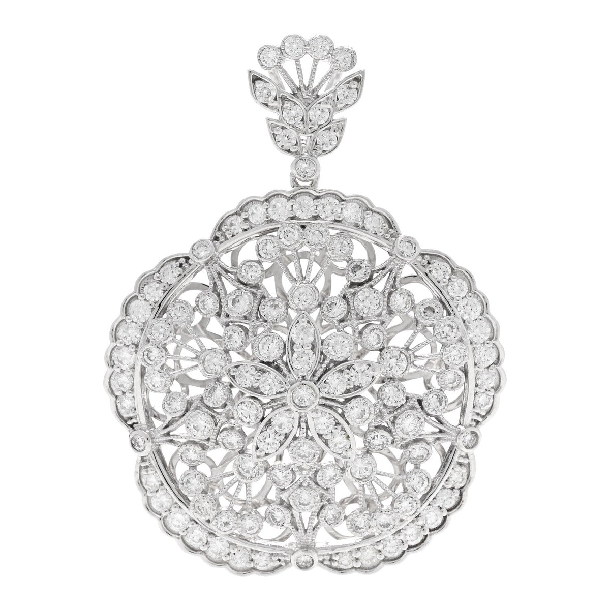 14K White Gold Diamond 3.15ctw Flower Pendant