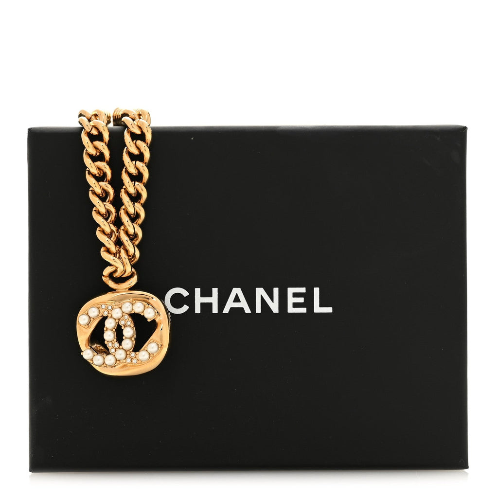 Metal Crystal Pearl Chain Link CC Necklace Gold