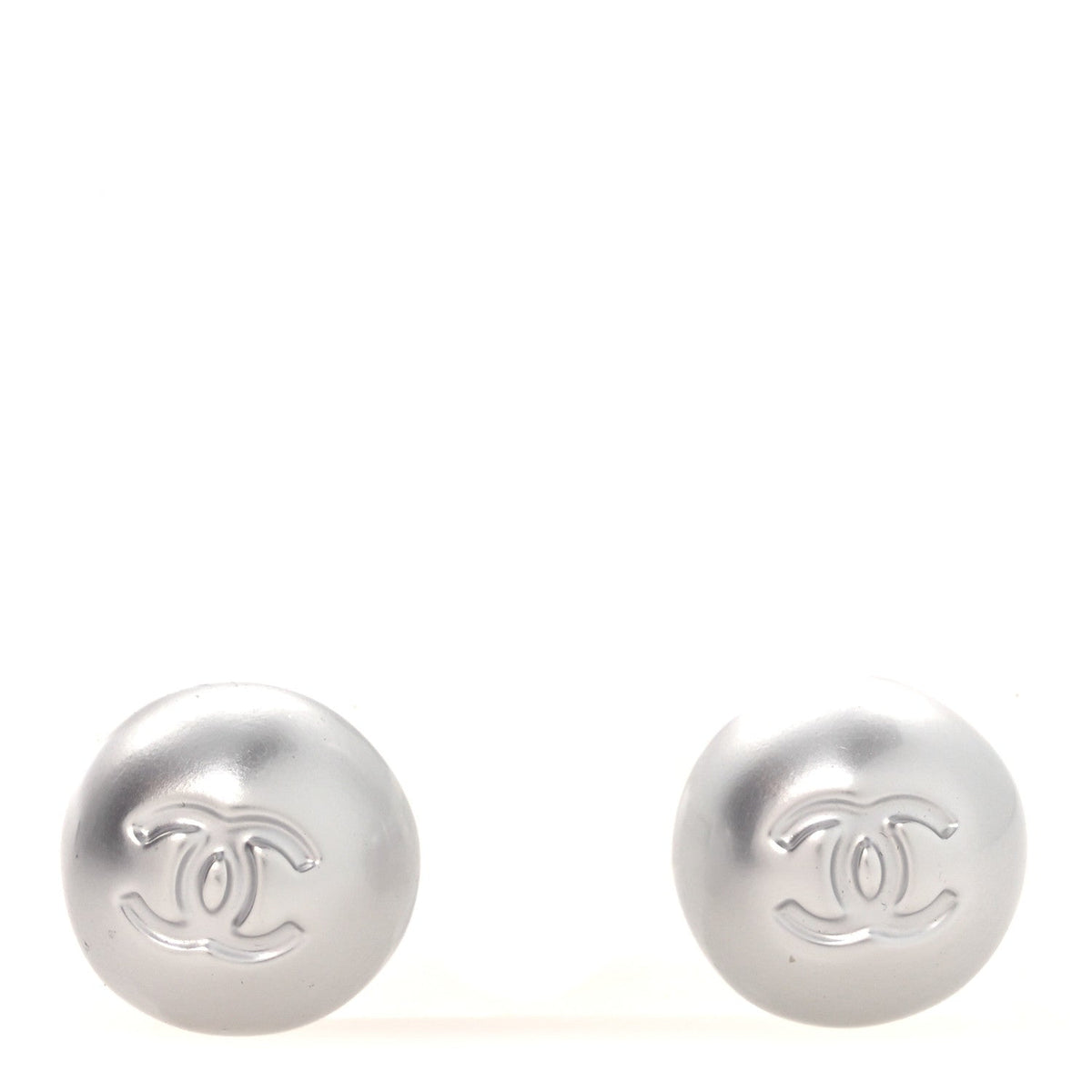 Resin Metal CC Stud Earrings Silver Pearly White