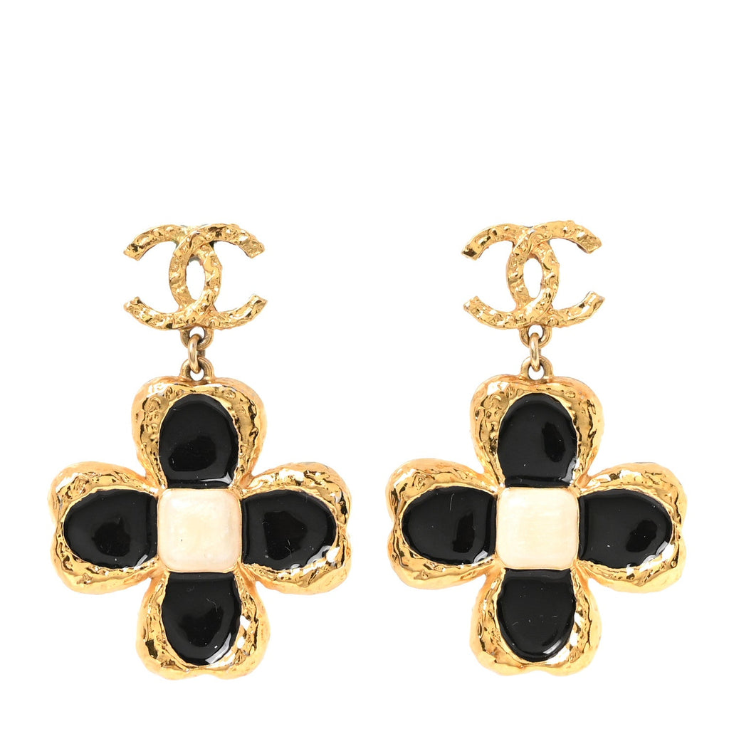 Resin Metal Glass CC Clover Drop Earrings Gold Black White