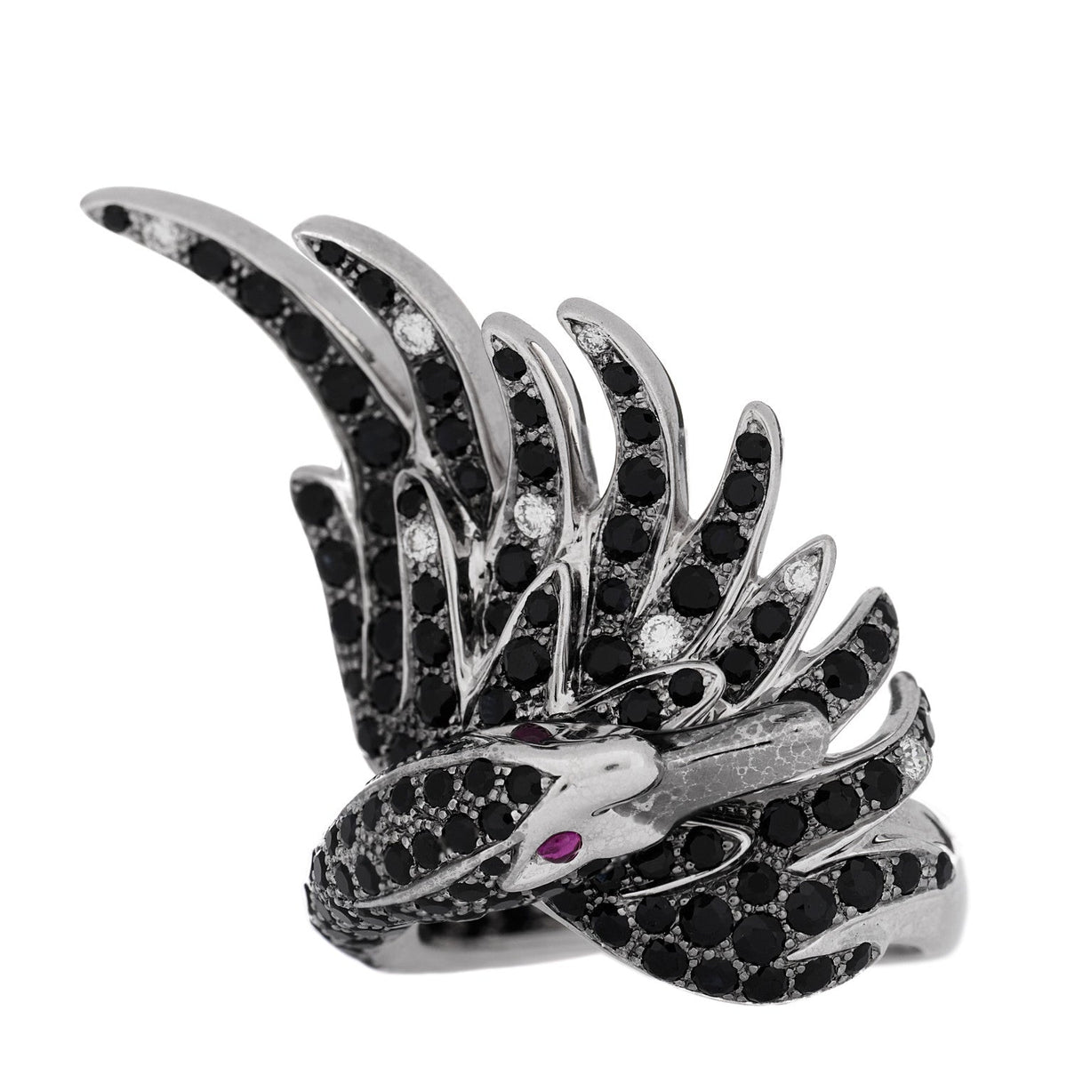 18K White Gold Diamond Black Sapphire Ruby Cypris Swan Ring 52 6