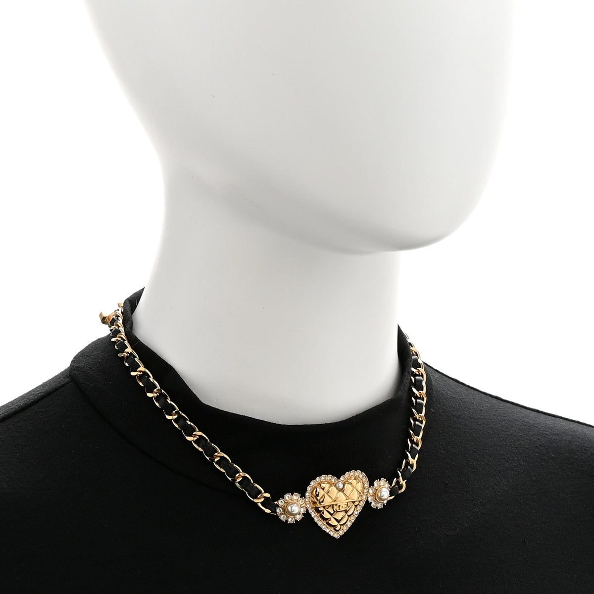 Metal Lambskin Glass Pearl Strass Heart Choker Gold Black