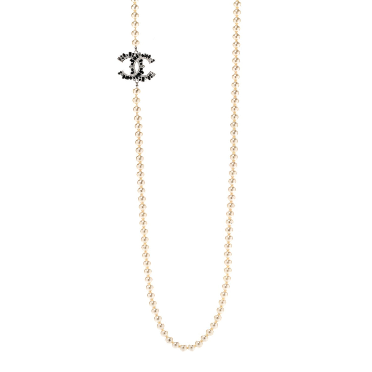 Pearl Crystal Lambskin CC Long Necklace Gold Black