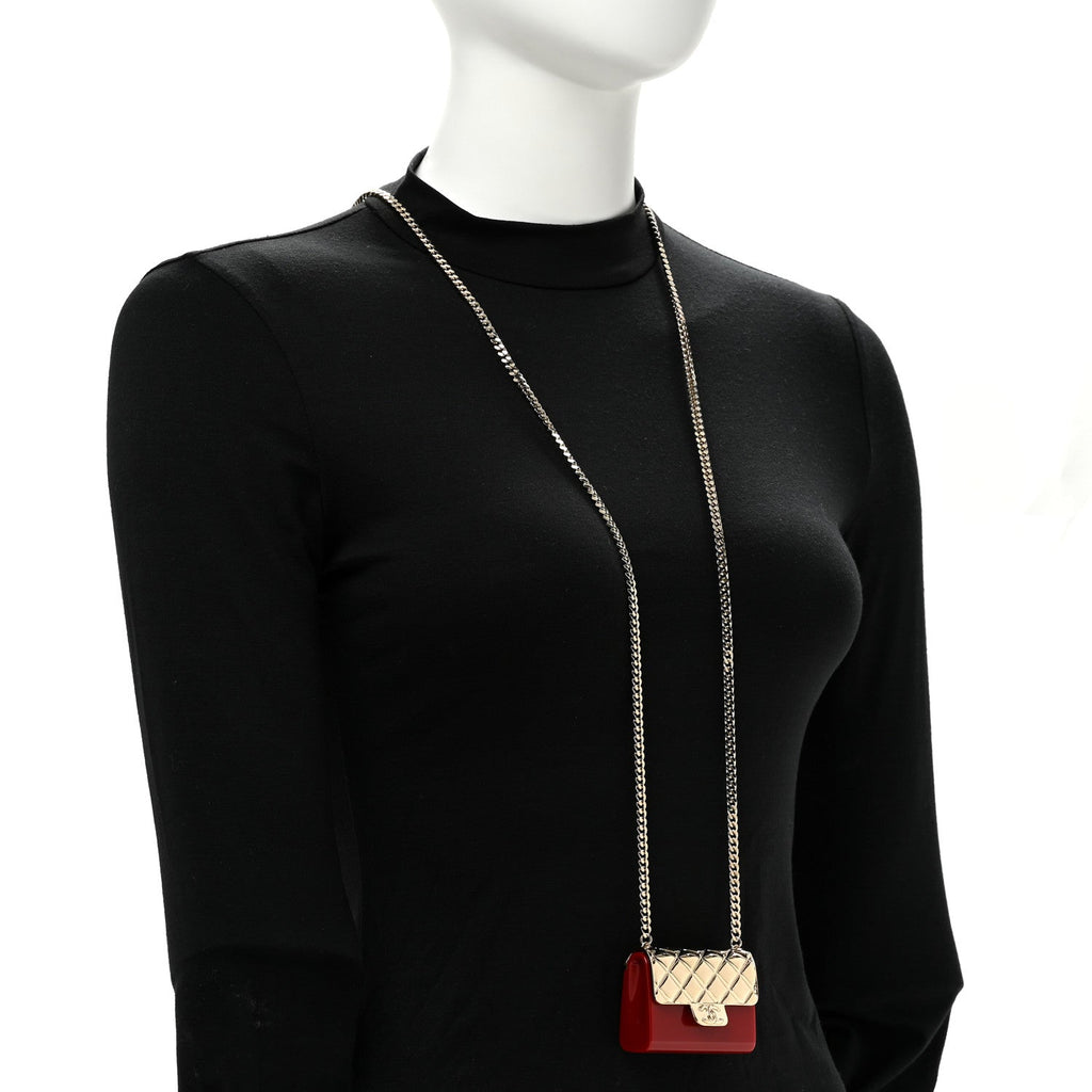 Metal Resin Flap Bag Long Necklace Gold Red