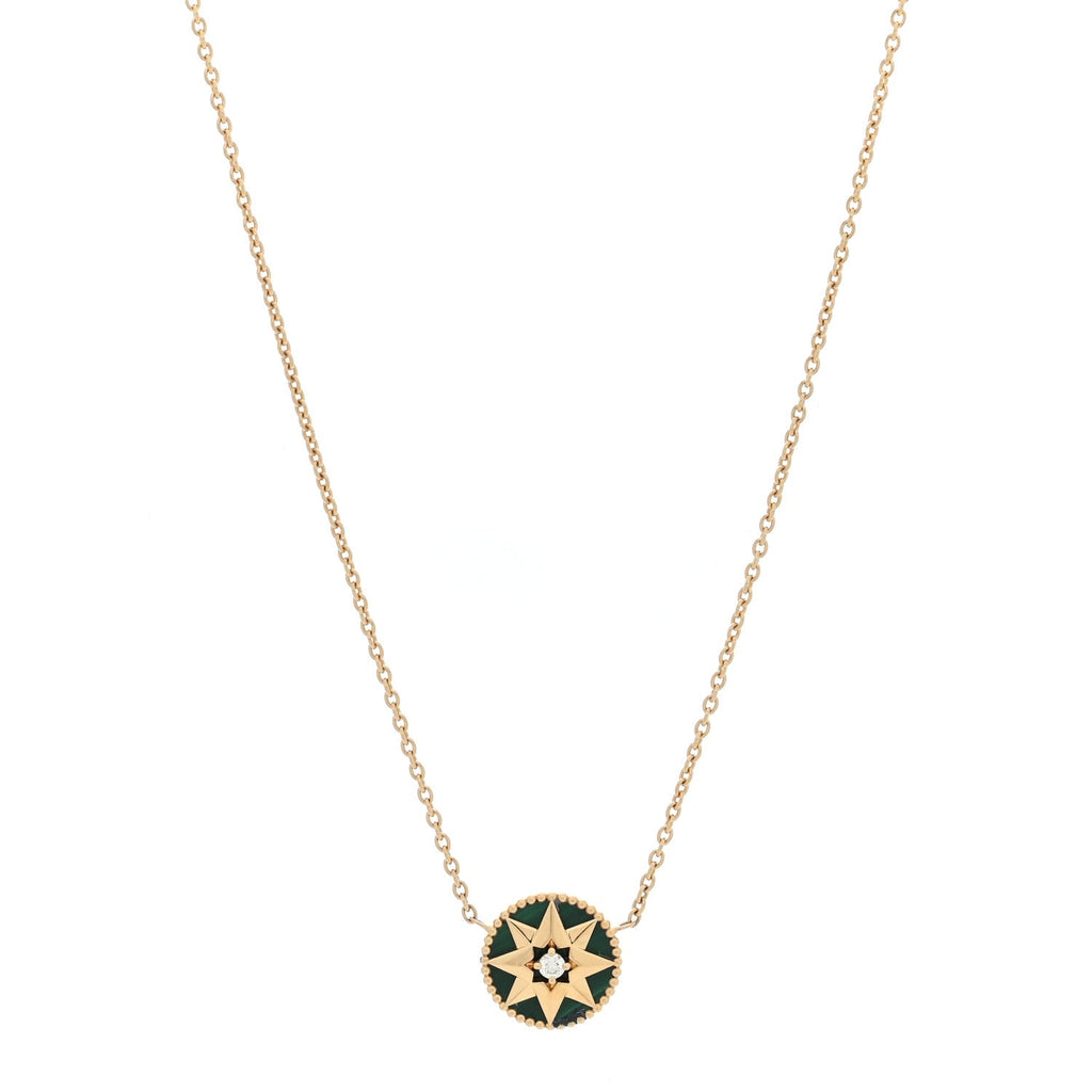 18K Yellow Gold Diamond Malachite Rose Des Vents Necklace