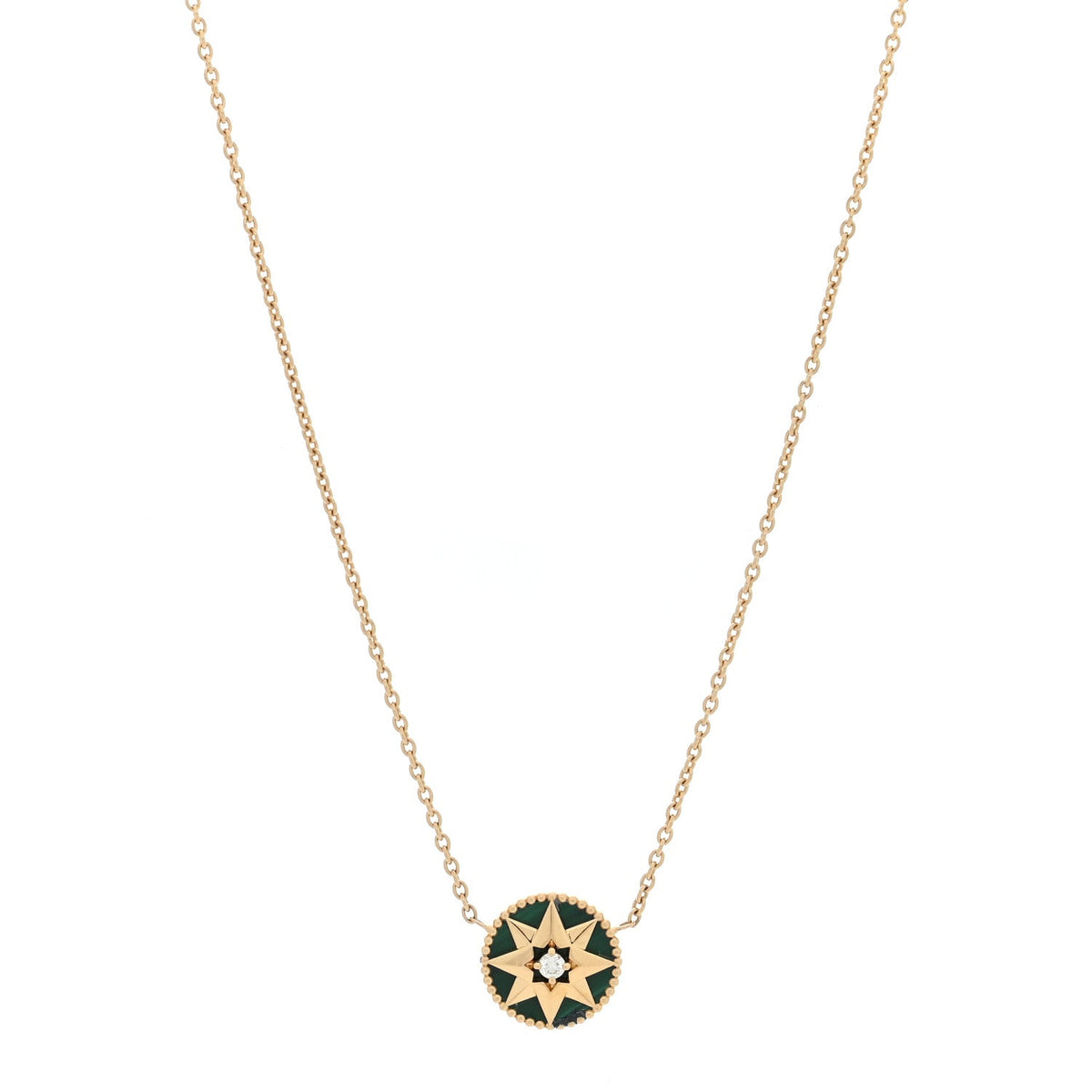 18K Yellow Gold Diamond Malachite Rose Des Vents Necklace