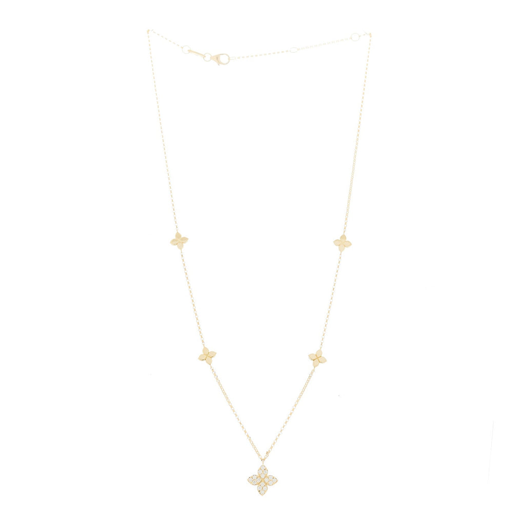 18K Yellow Gold Diamond Princess Flower Charm Station Necklace