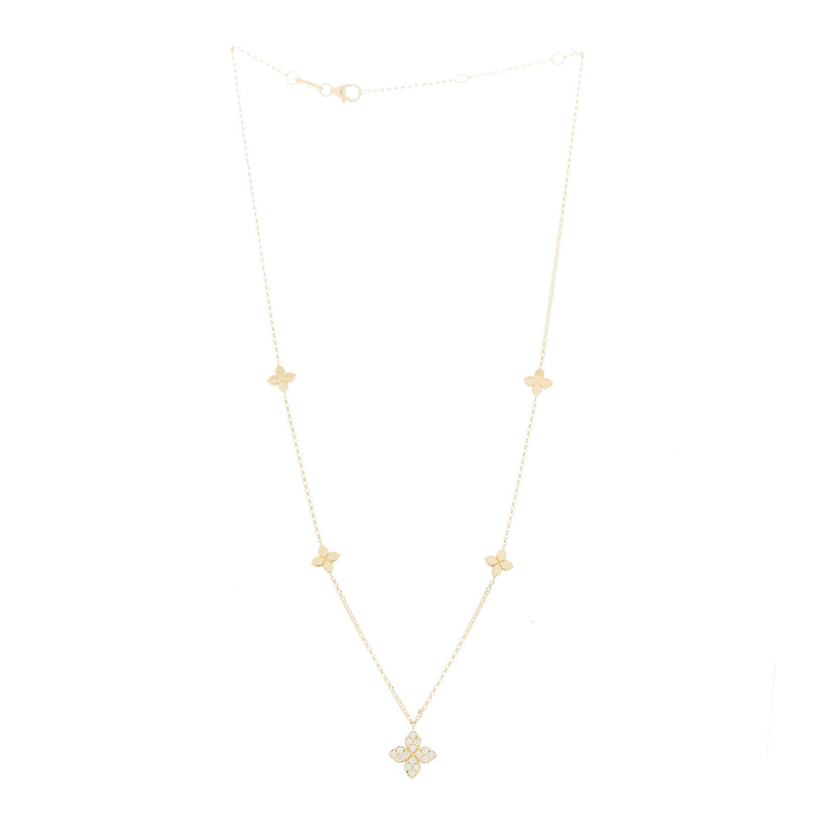 18K Yellow Gold Diamond Princess Flower Charm Station Necklace