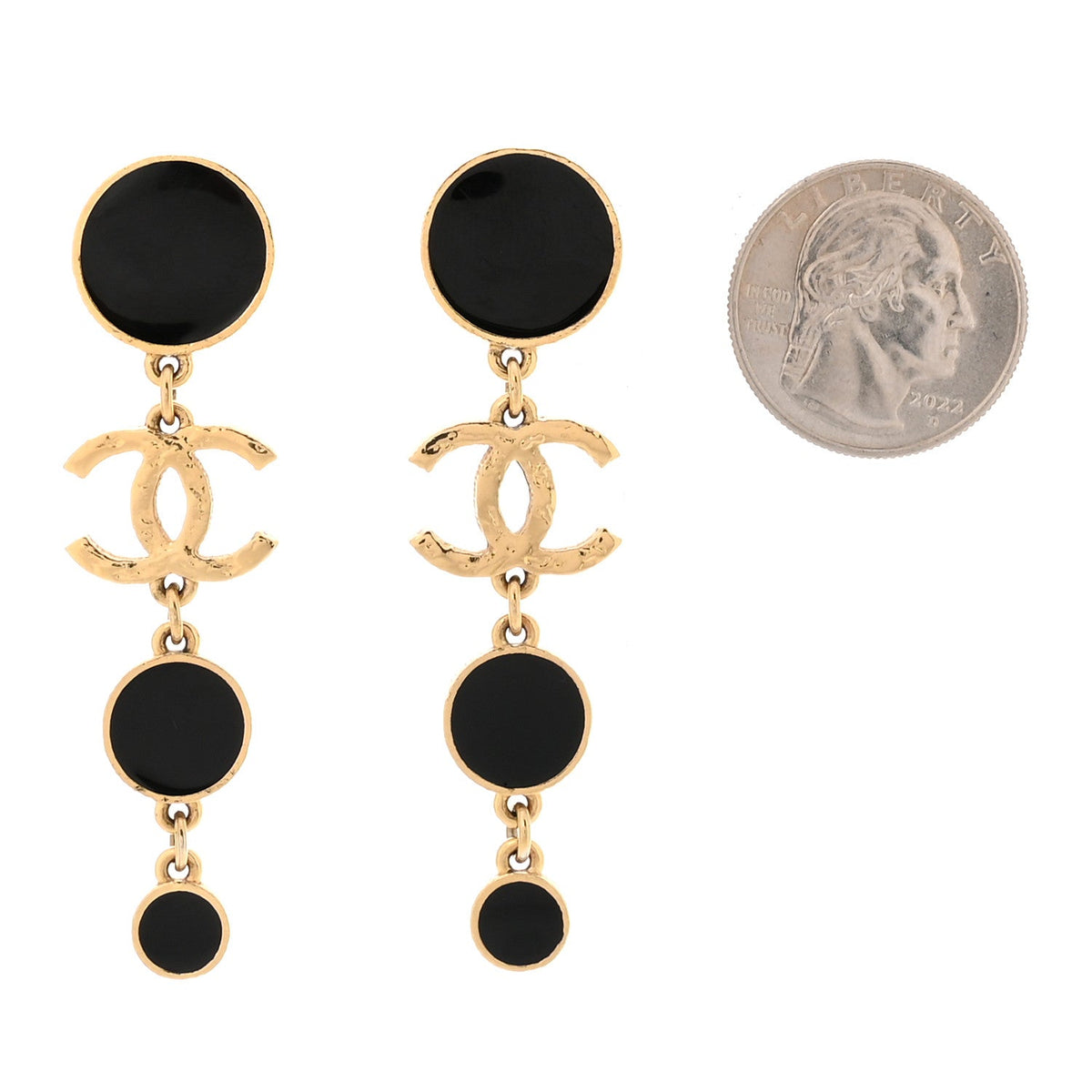 Metal Resin Disc CC Long Drop Earrings Gold Black