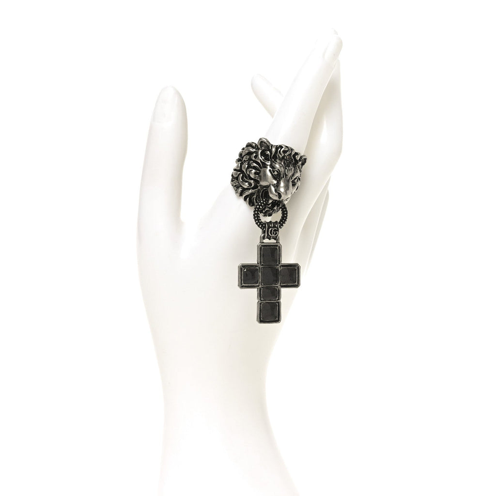 Enamel Brass Lion Head Crucifix Ring XL Black
