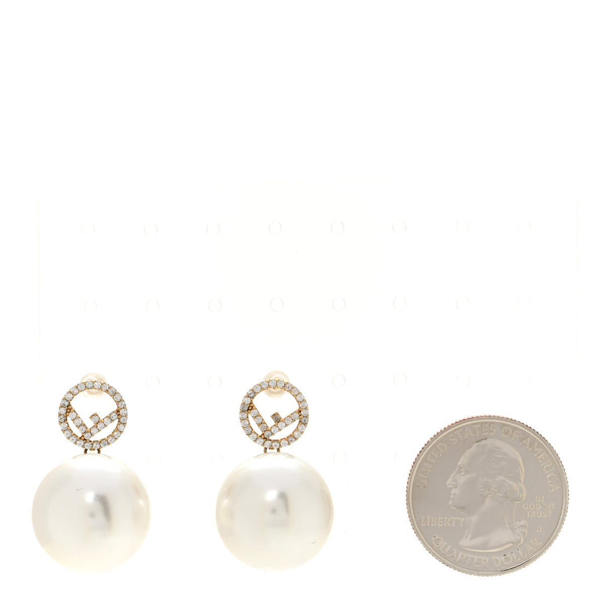 Metal Crystal Pearl Logo Drop Earrings Gold