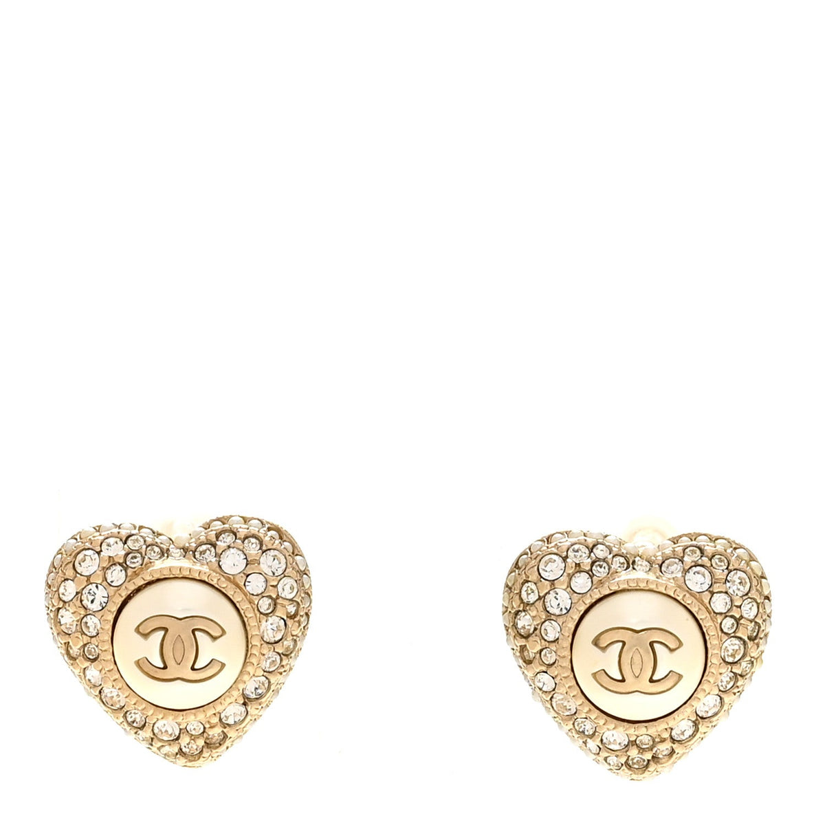 Pearl Crystal CC Heart Earrings Gold White Gold